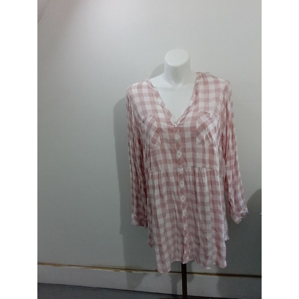 Torrid Pink White Gingham Button Front Tunic Top Pockets Size 4 (4X)